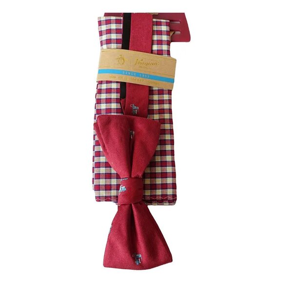 ORIGINAL PENGUIN Red Scooter Silk Blend Bow Tie Gingham Pocket Square Set - Picture 1 of 3